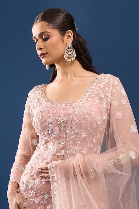Buy_Azeera_Pink Net, Georgette Embroidery, Sequins, Beads Scoop Neck Kurta Sharara Set _Online_at_Aza_Fashions