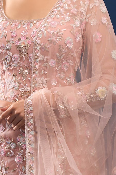 Shop_Azeera_Pink Net, Georgette Embroidery, Sequins, Beads Scoop Neck Kurta Sharara Set _Online_at_Aza_Fashions