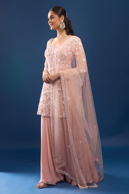 Buy_Azeera_Pink Net, Georgette Embroidery, Sequins, Beads Scoop Neck Kurta Sharara Set 