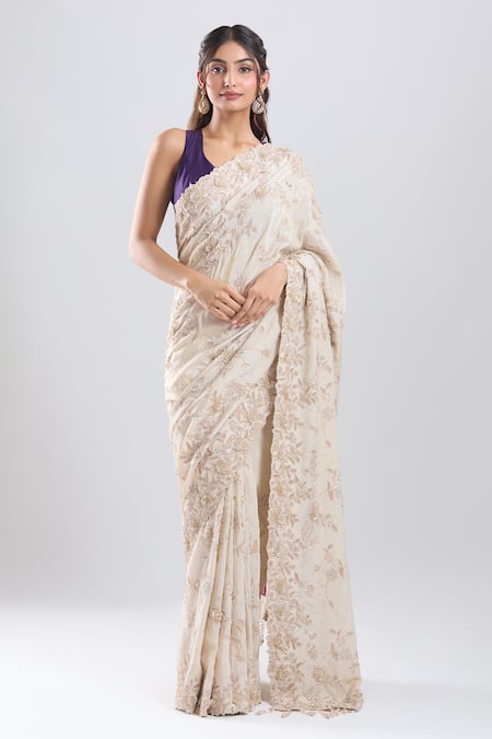 Azeera_Ivory Tissue Embroidery, Sequins, Zari Saree With Unstitched Blouse Piece _Online_at_Aza_Fashions
