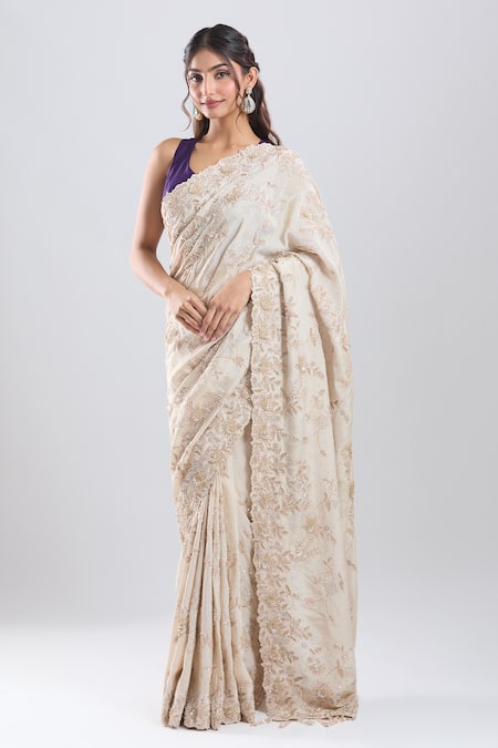 Buy_Azeera_Ivory Tissue Embroidery, Sequins, Zari Saree With Unstitched Blouse Piece _Online_at_Aza_Fashions