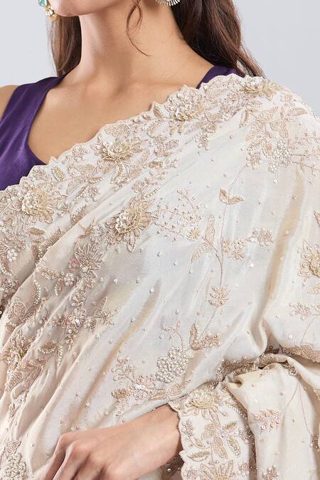 Buy_Azeera_Ivory Tissue Embroidery, Sequins, Zari Saree With Unstitched Blouse Piece 
