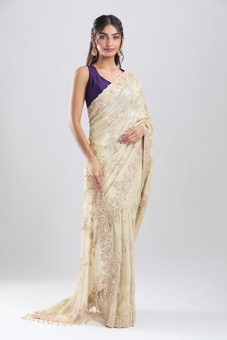 Azeera_Gold Tissue Embroidery, Zari, Sequins Saree With Unstitched Blouse Piece _Online_at_Aza_Fashions