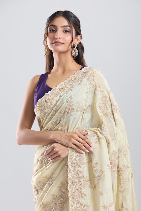 Shop_Azeera_Gold Tissue Embroidery, Zari, Sequins Saree With Unstitched Blouse Piece _Online_at_Aza_Fashions