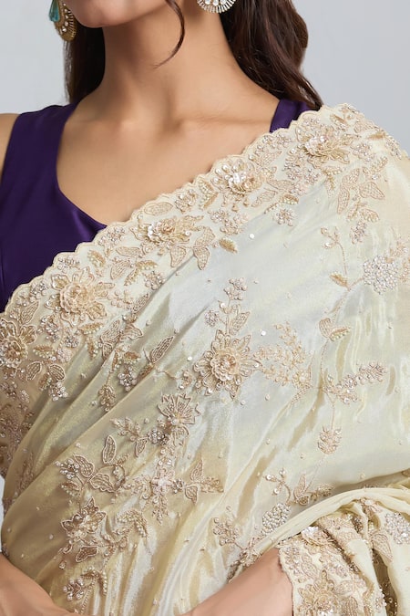 Azeera_Gold Tissue Embroidery, Zari, Sequins Saree With Unstitched Blouse Piece _at_Aza_Fashions