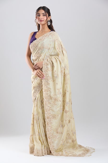 Buy_Azeera_Gold Tissue Embroidery, Zari, Sequins Saree With Unstitched Blouse Piece 