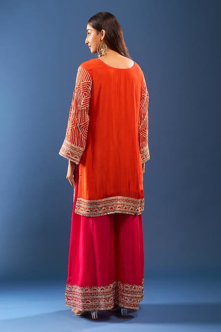Shop Samyukta Singhania Orange Embroidery, Zari V-neck Paisley Kurta Sharara Set at Aza Fashions Shop_Samyukta Singhania_Orange Embroidery, Zari V-neck Paisley Kurta Sharara Set _at_Aza_Fashions