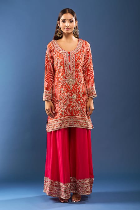Samyukta Singhania Orange Embroidery, Zari V-neck Paisley Kurta Sharara Set Online at Aza Fashions Samyukta Singhania_Orange Embroidery, Zari V-neck Paisley Kurta Sharara Set _Online_at_Aza_Fashions