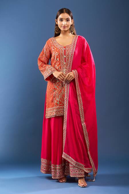 Buy Samyukta Singhania Orange Embroidery, Zari V-neck Paisley Kurta Sharara Set Online at Aza Fashions Buy_Samyukta Singhania_Orange Embroidery, Zari V-neck Paisley Kurta Sharara Set _Online_at_Aza_Fashions