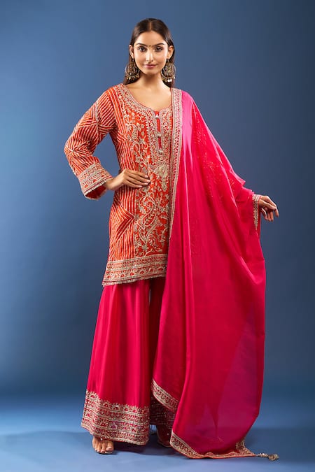 Samyukta Singhania Orange Embroidery, Zari V-neck Paisley Kurta Sharara Set