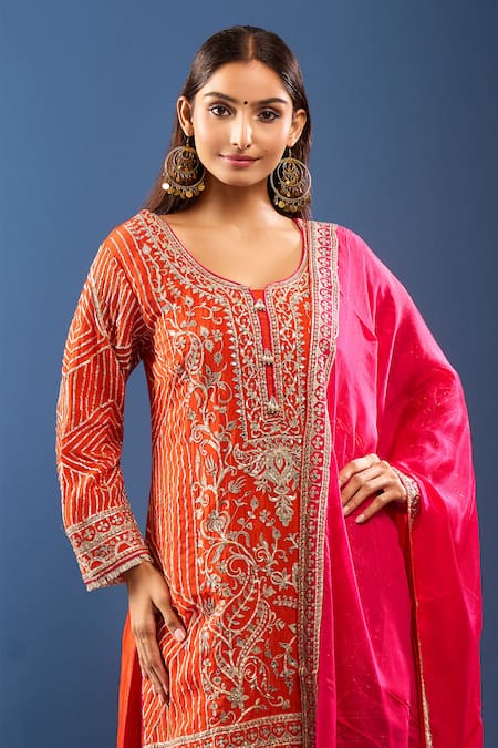 Samyukta Singhania Orange Embroidery, Zari V-neck Paisley Kurta Sharara Set at Aza Fashions Samyukta Singhania_Orange Embroidery, Zari V-neck Paisley Kurta Sharara Set _at_Aza_Fashions