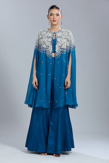 Samyukta Singhania_Blue Organza Round , Sweetheart Embroidered Cape Palazzo Set _Online_at_Aza_Fashions