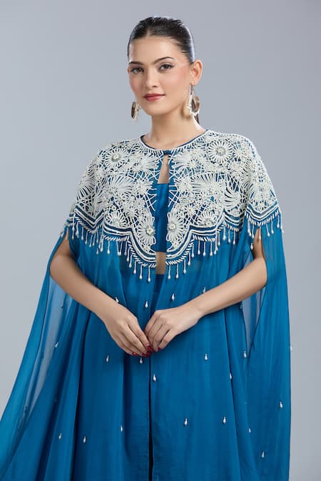 Buy_Samyukta Singhania_Blue Organza Round , Sweetheart Embroidered Cape Palazzo Set _Online_at_Aza_Fashions