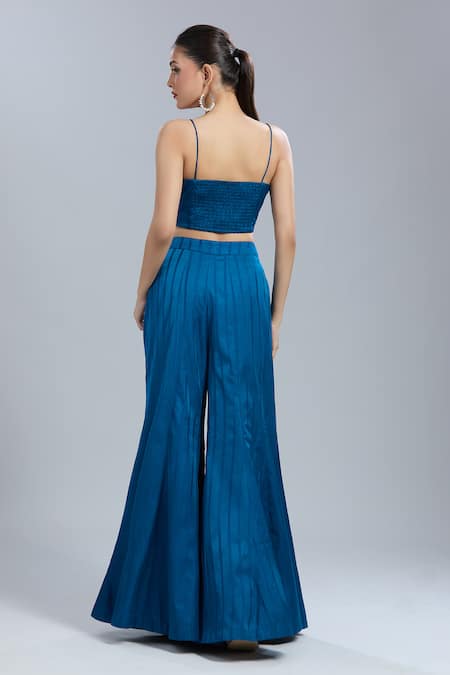 Buy_Samyukta Singhania_Blue Organza Round , Sweetheart Embroidered Cape Palazzo Set 