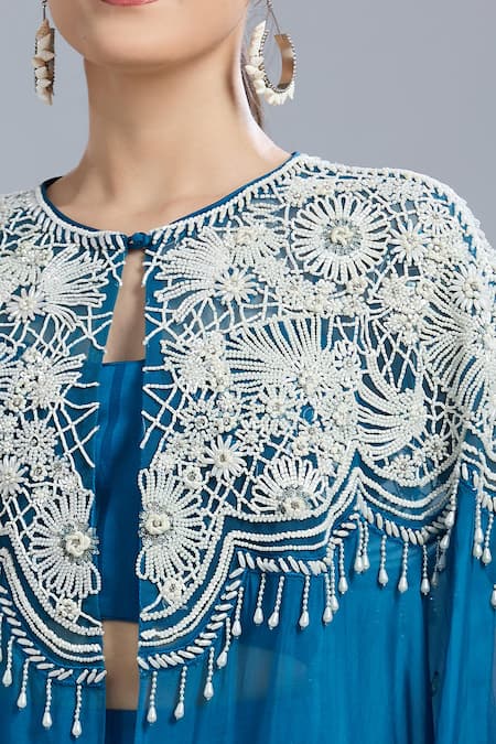 Shop_Samyukta Singhania_Blue Organza Round , Sweetheart Embroidered Cape Palazzo Set 
