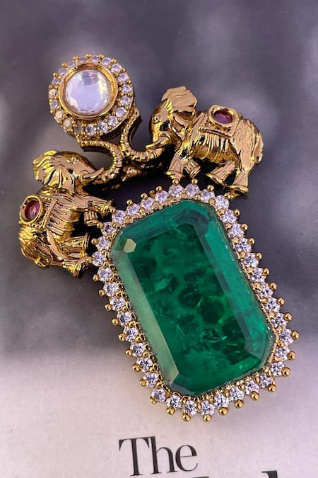Saga Jewels Emerald & Elephant Motif Kundan Polki Brooch 