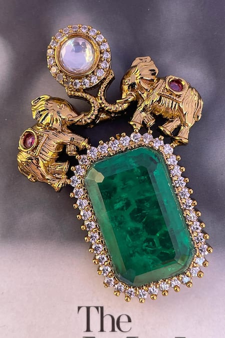 Saga Jewels Emerald & Elephant Motif Kundan Polki Brooch 