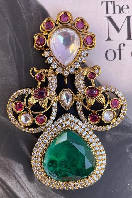 Saga Jewels Kundan & Polki Emerald Floral Brooch 