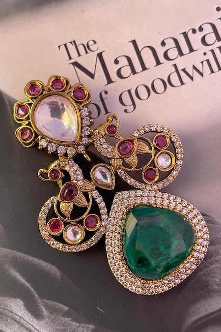 Saga Jewels Kundan & Polki Emerald Floral Brooch 