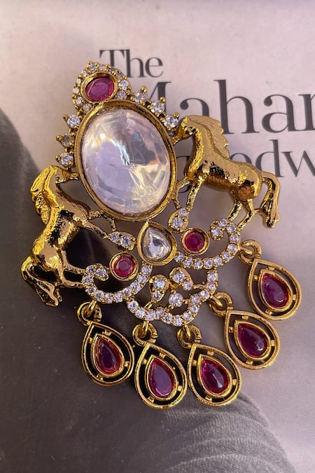 Saga Jewels Kundan & Ruby Droplet Horse Motif Brooch 