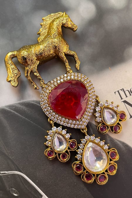 Saga Jewels Elephant Motif Ruby Kundan Polki Brooch 