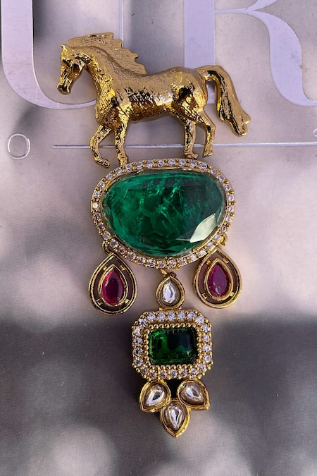 Saga Jewels Horse & Emerald Cabochon Studded Brooch 