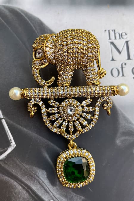 Saga Jewels Elephant Motif Kundan & Polki Brooch 