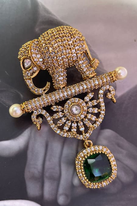 Saga Jewels Elephant Motif Kundan & Polki Brooch 