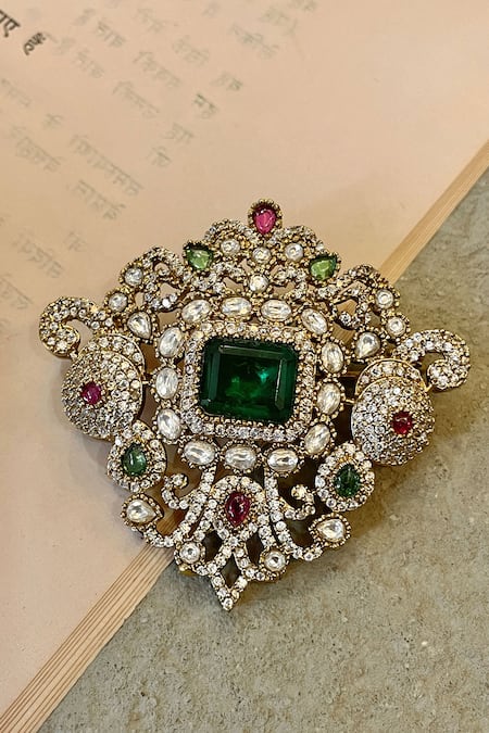 Saga Jewels Emerald Square Polki & Zircon Brooch 