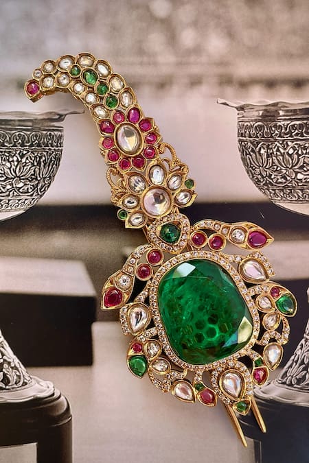 Saga Jewels_Green Emerald Zircon Kundan Polki Kalangi _Online_at_Aza_Fashions