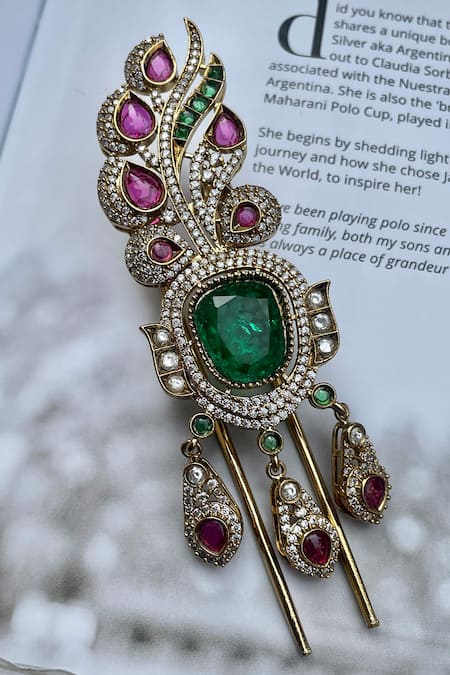 Saga Jewels_Green Feather Style Kundan And Polki Kalangi _Online_at_Aza_Fashions