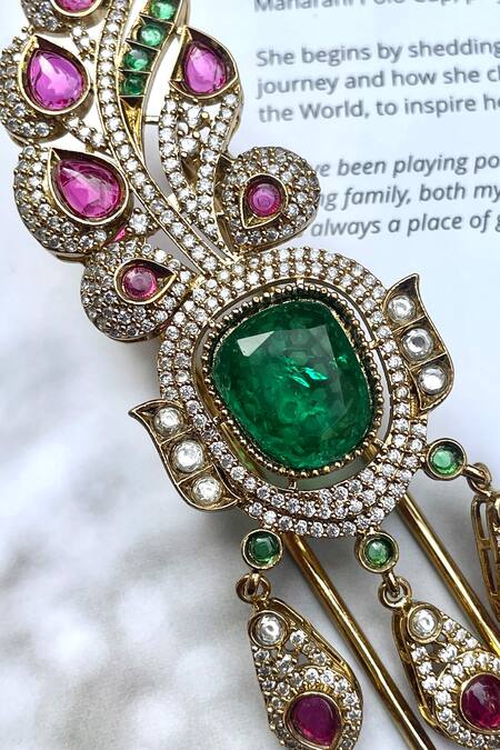 Buy_Saga Jewels_Green Feather Style Kundan And Polki Kalangi _Online_at_Aza_Fashions