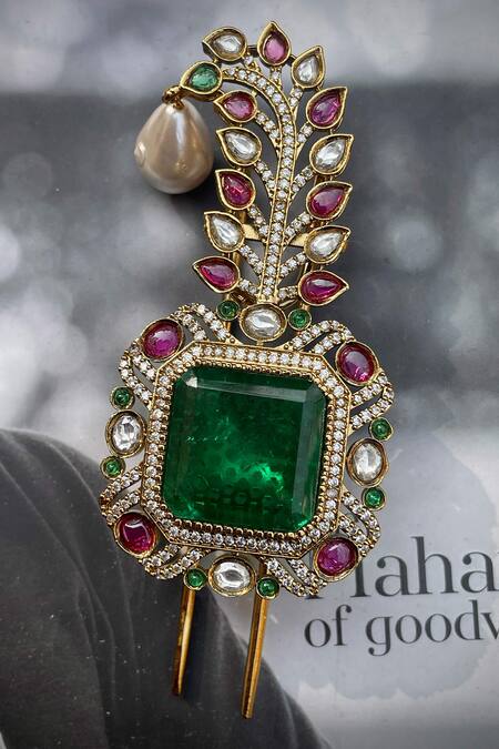 Saga Jewels_Green Emerald, Ruby And Pearl Kundan Polki Kalangi _Online_at_Aza_Fashions