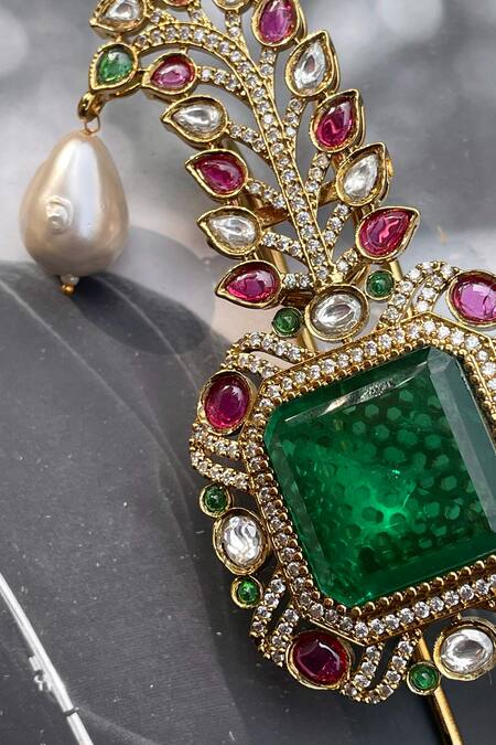 Buy_Saga Jewels_Green Emerald, Ruby And Pearl Kundan Polki Kalangi _Online_at_Aza_Fashions