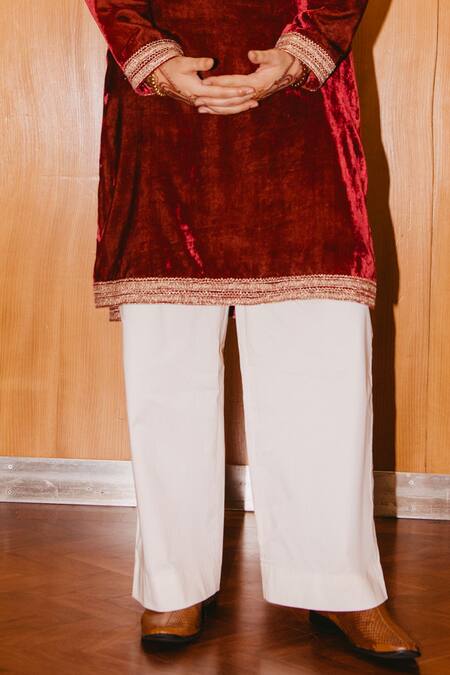 Buy_Punit Balana_Red Velvet, Cotton, Lycra Embroidery Kurta And Trouser Set _Online_at_Aza_Fashions