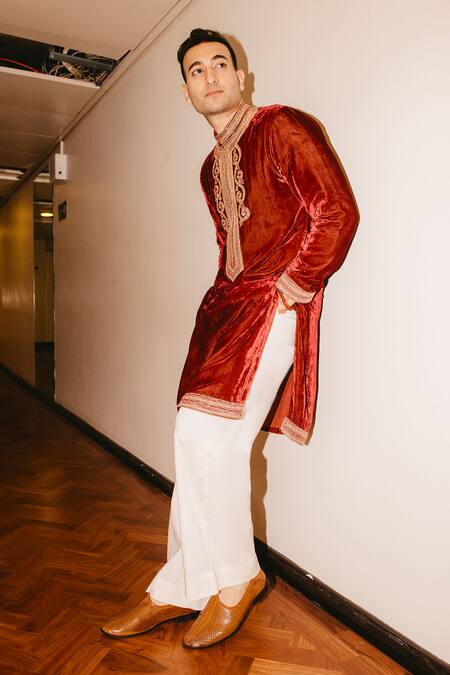 Punit Balana_Red Velvet, Cotton, Lycra Embroidery Kurta And Trouser Set _at_Aza_Fashions
