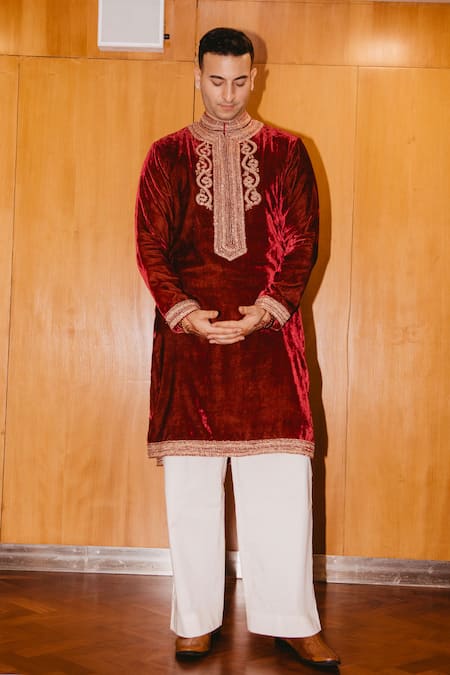 Punit Balana Velvet Embroidered Kurta & Trouser Set 