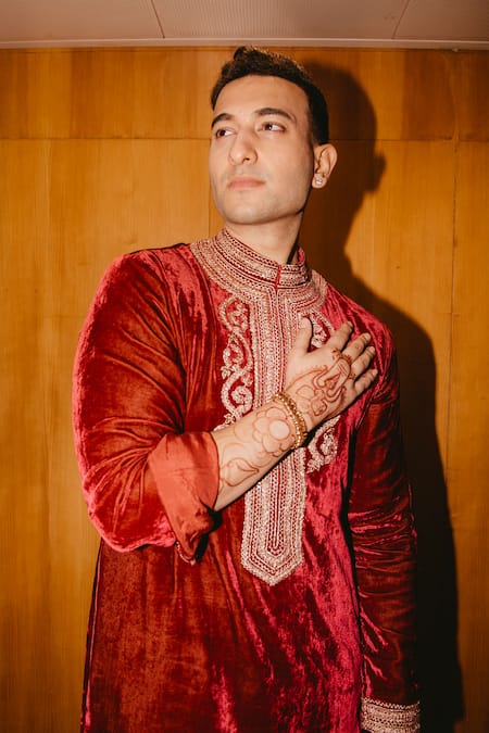 Shop_Punit Balana_Red Velvet, Cotton, Lycra Embroidery Kurta And Trouser Set 