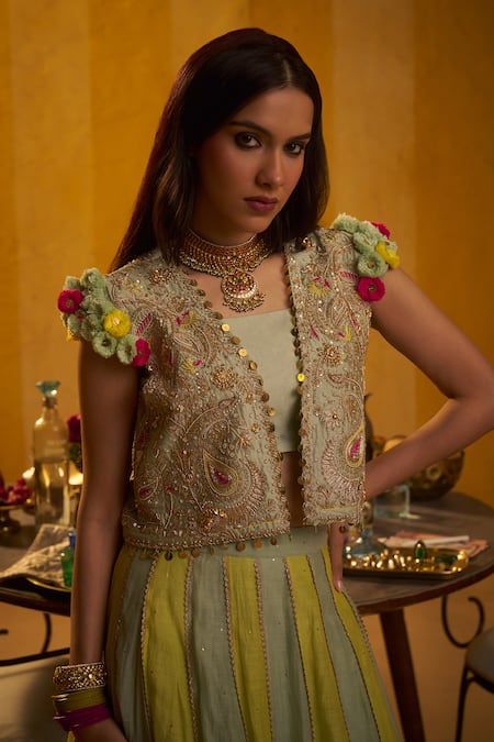 Hirika & Dhruti_Green Silk, Embroidery, Sequins, Crop Jacket And Lehenga Set _Online_at_Aza_Fashions