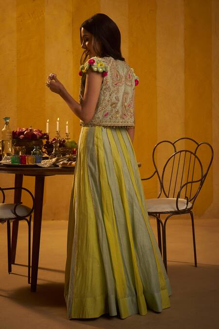 Buy_Hirika & Dhruti_Green Silk, Embroidery, Sequins, Crop Jacket And Lehenga Set _Online_at_Aza_Fashions
