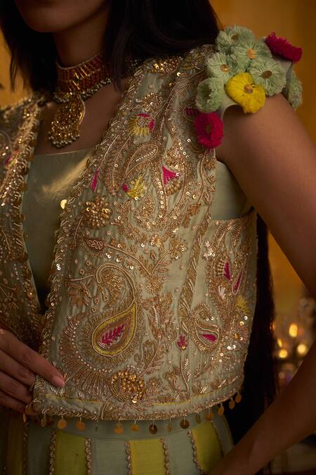 Shop_Hirika & Dhruti_Green Silk, Embroidery, Sequins, Crop Jacket And Lehenga Set _Online_at_Aza_Fashions