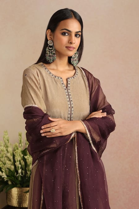 Trendy Tokari_Gold Chanderi Silk, Cotton, Organza Crushed Tissue Straight Kurta Pant Set _Online_at_Aza_Fashions