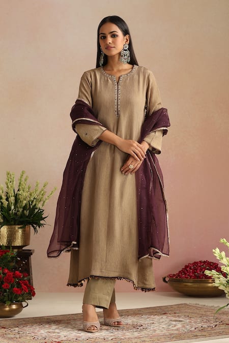 Shop_Trendy Tokari_Gold Chanderi Silk, Cotton, Organza Crushed Tissue Straight Kurta Pant Set _Online_at_Aza_Fashions