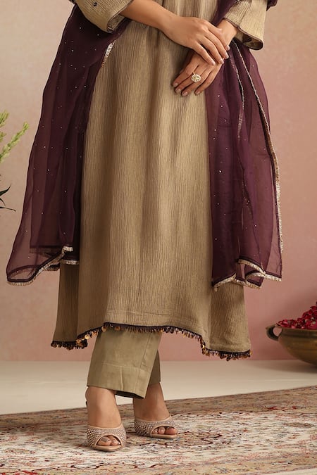 Trendy Tokari_Gold Chanderi Silk, Cotton, Organza Crushed Tissue Straight Kurta Pant Set _at_Aza_Fashions