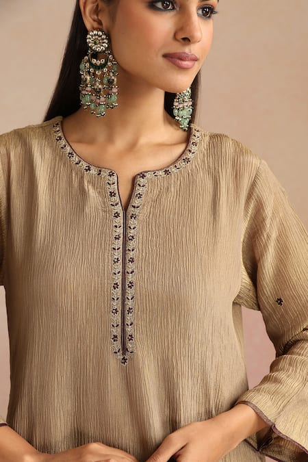 Buy_Trendy Tokari_Gold Chanderi Silk, Cotton, Organza Crushed Tissue Straight Kurta Pant Set 