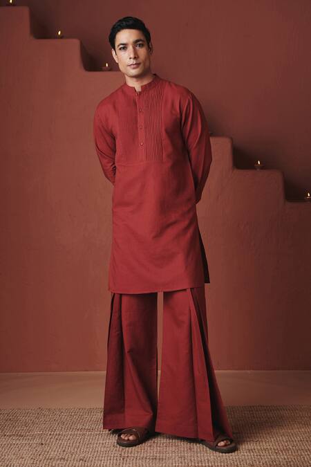 Saphed Brick Cotton Linen Pleated Yoke Kurta Set 