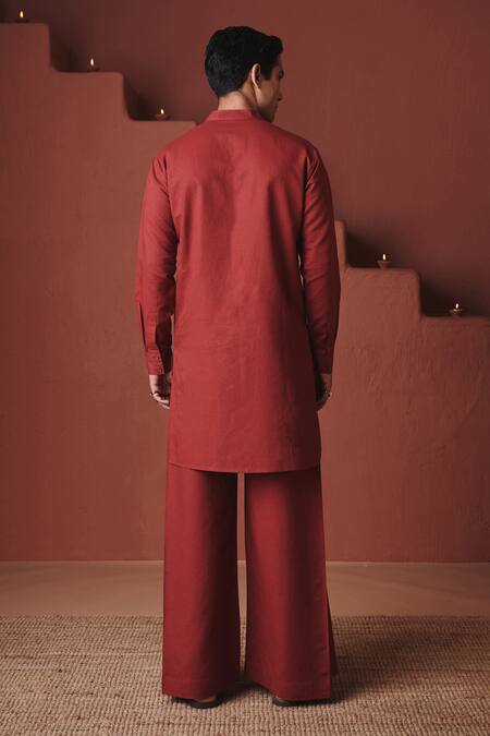 Saphed Brick Cotton Linen Pleated Yoke Kurta Set 