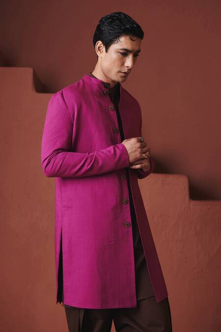 Saphed_Purple Cotton, Linen Orchid Long Jacket _Online_at_Aza_Fashions