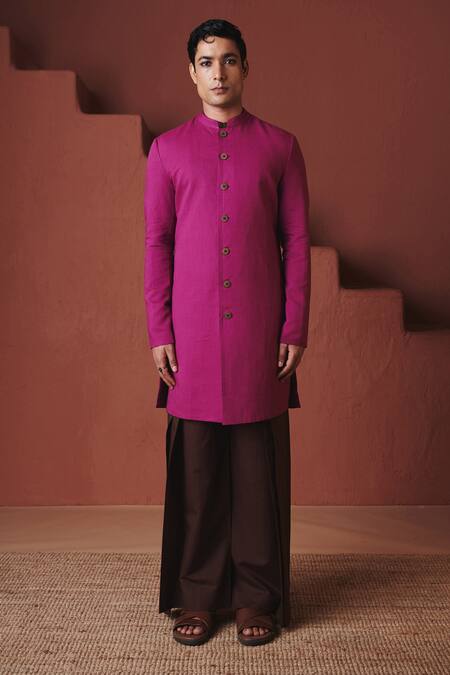 Buy_Saphed_Purple Cotton, Linen Orchid Long Jacket _Online_at_Aza_Fashions