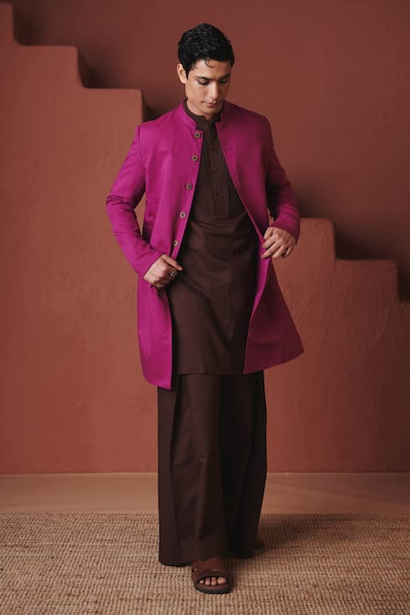 Shop_Saphed_Purple Cotton, Linen Orchid Long Jacket _Online_at_Aza_Fashions